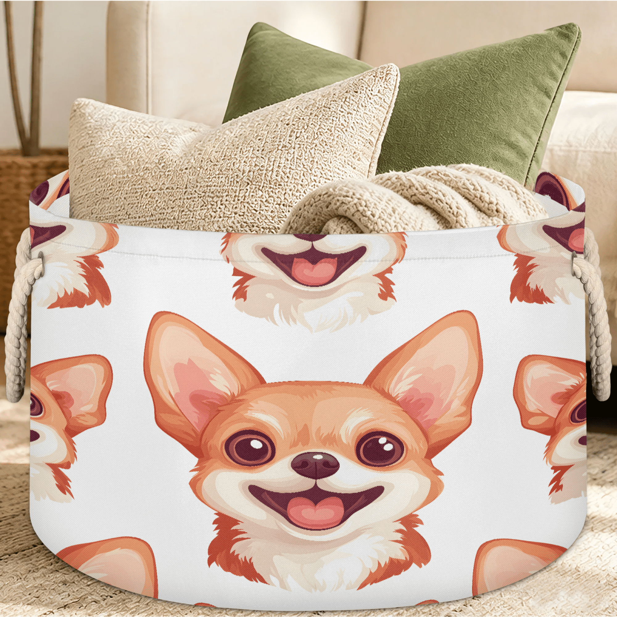 Jiaoprinted Cartoon Dogs Large Round Collapsible Storage Basket 65L Fabric Storage Organizer Bin with Handles for Blankets Linens Clothes 19.4 x 13.3 Animals Cute Dogs