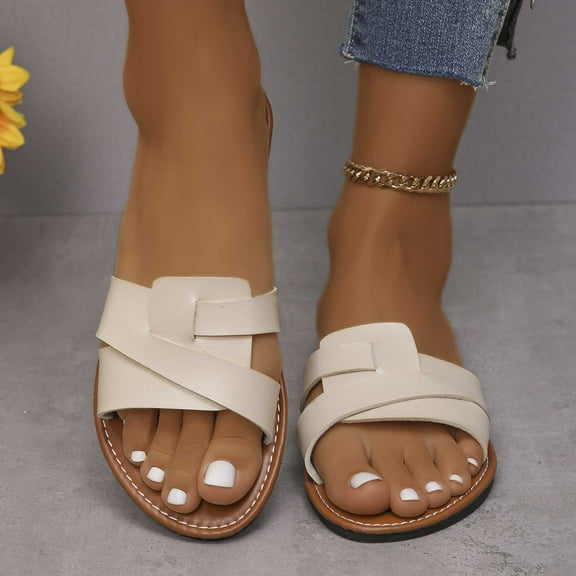 Wavsuf Slides for Women Casual Summer Solid Wide Beach Beige Slides Slippers Size 5.5