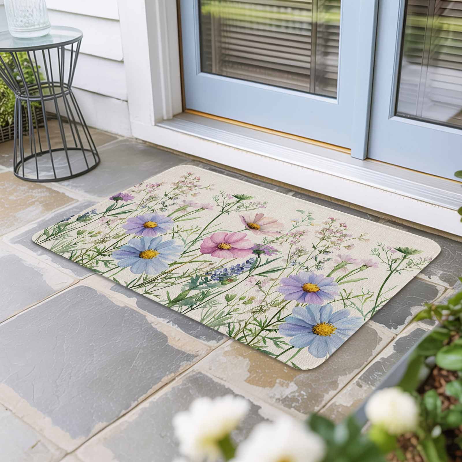 Spring Floral Doormat Outdoor Entrance 24"x36", Wildflowers Herbs Summer Botanical Vintage Absorb Moisture Dirt Door Mats, Non-Slip Rubber Backing Floor Mats Indoor, Low-Profile Front Door Rugs