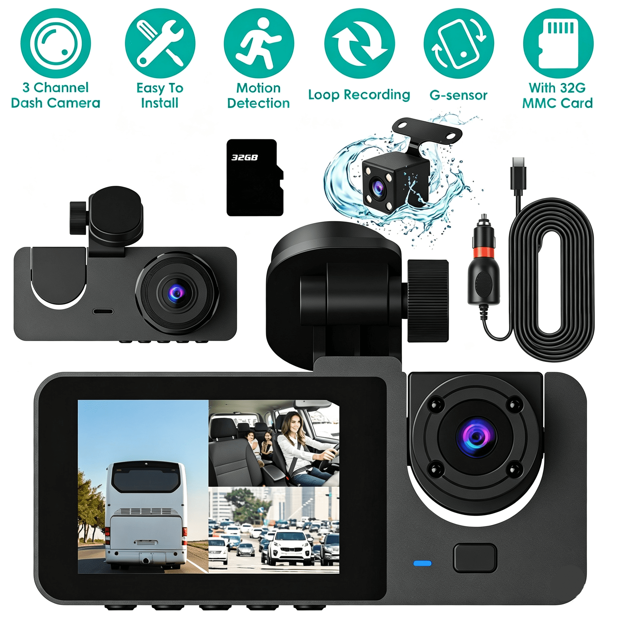 3 Channel Dash Cam Front Inside Rear Vehicle Driving Recorder Car DVR with 32G MMC Card G Sensor Motion Detection Parking Monitor Loop Recording