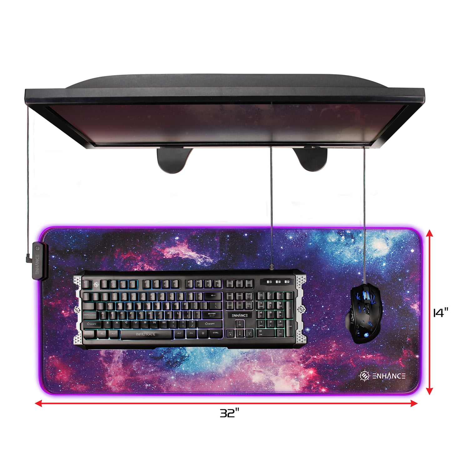 Enhance Extra Large LED Gaming Mouse Pad - Soft XXL Desk Mat with 7 RGB Colors, 3 Color Modes, Smart Control, Water Resistant High Speed Tracking Surface - (Galaxy) - Extended Pad - 32 x 14 Inches