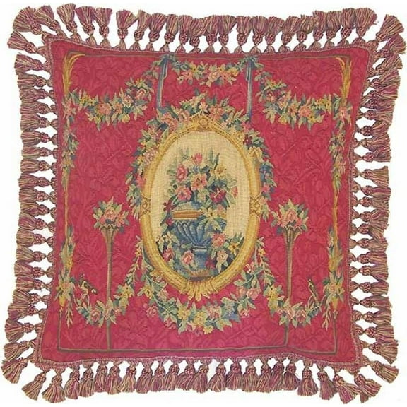 Throw Pillow Aubusson Garland 22x22 Beige Red Pink Velvet Down Feather Insert