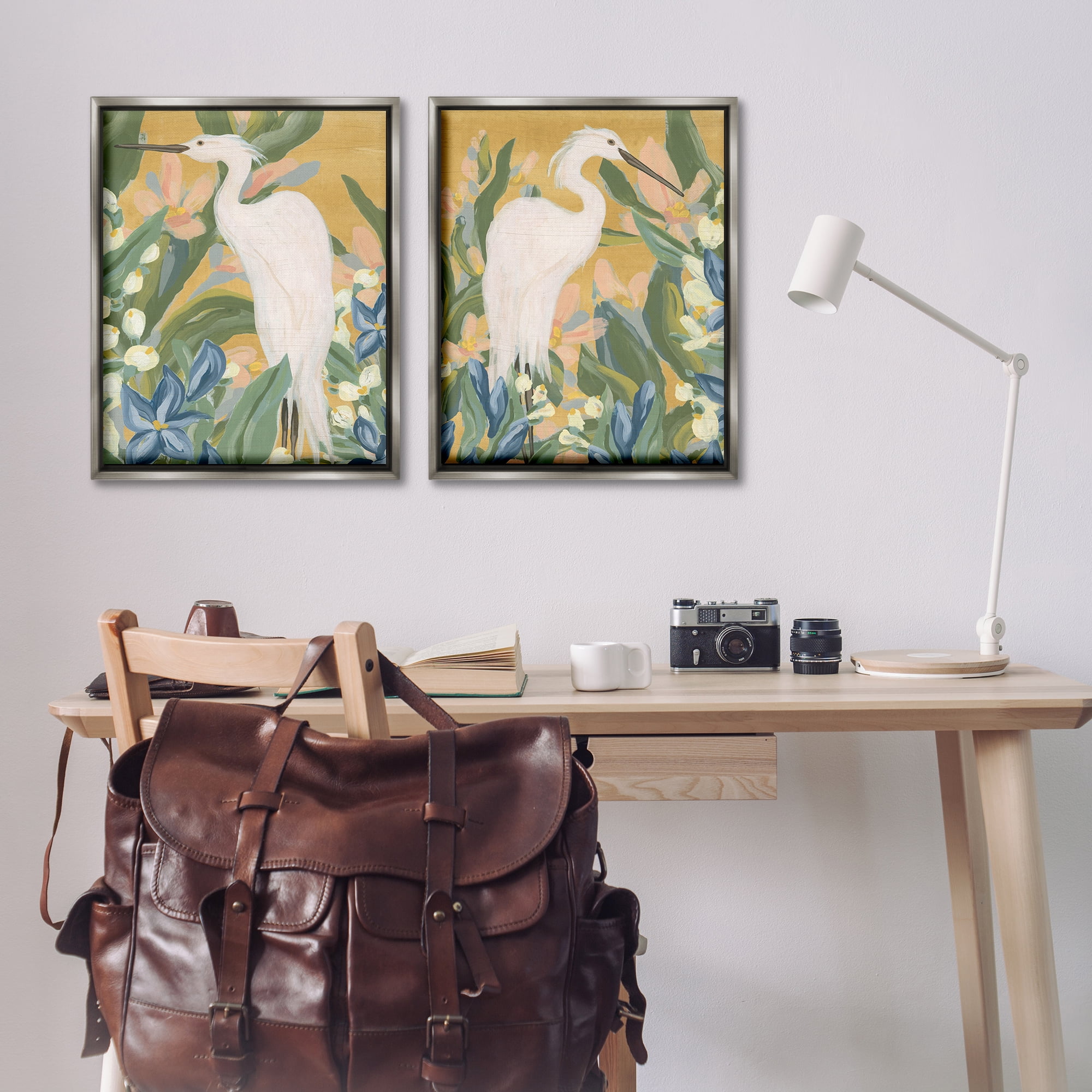 Stupell Industries Great Egret in Blooming Bushes Animals Painting Gray Floater Framed Canvas Art Print Wall Art, 31 x 25, Set of 2