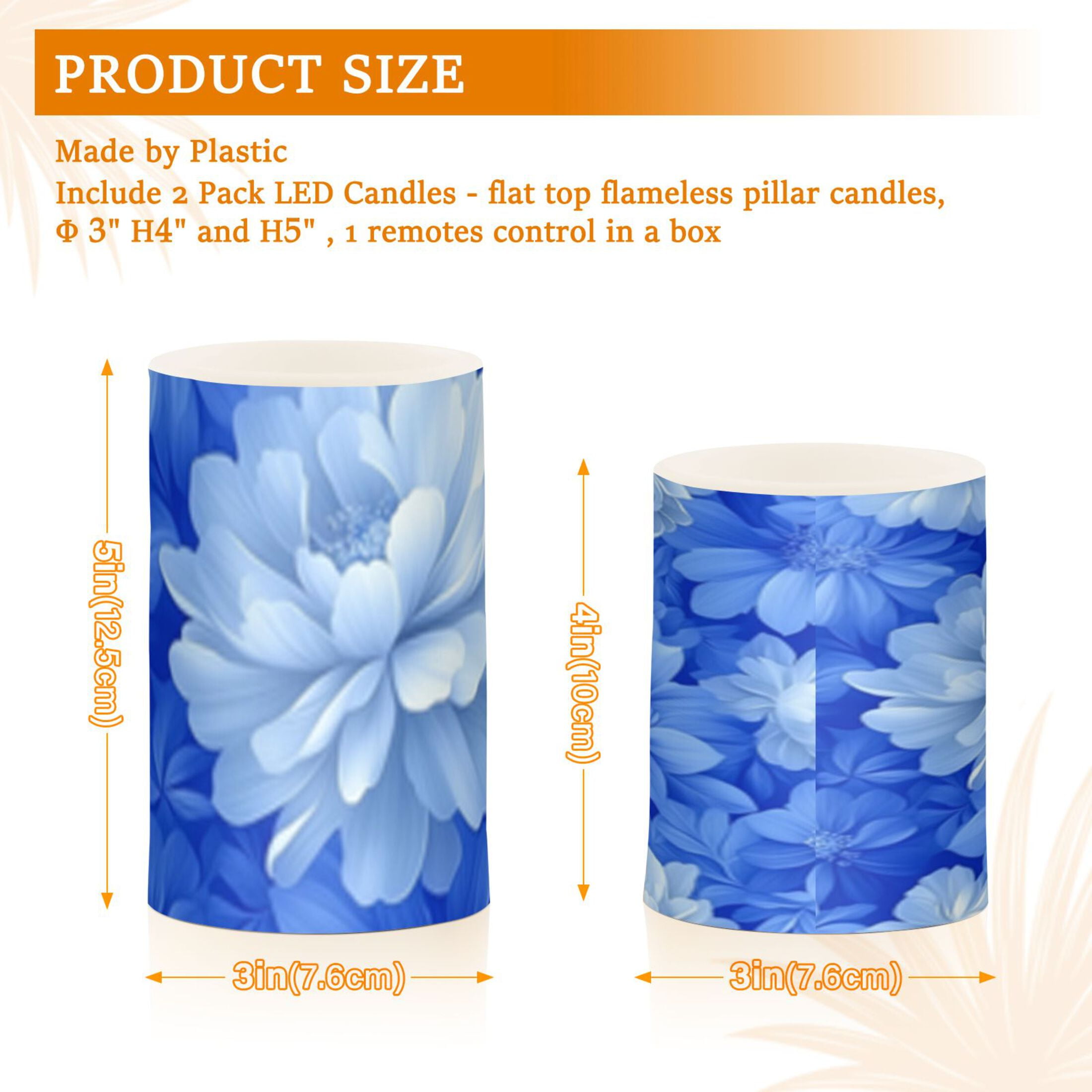 Elegant Blue Flower Flickering Flameless Candles Battery Operated with Remote Timer LED Pillar Candles Set of 2