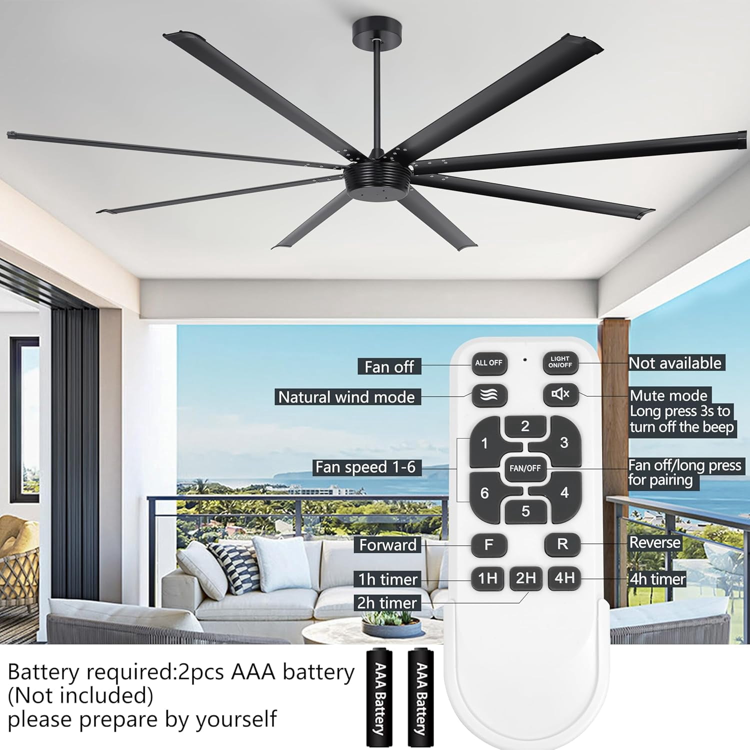 Ohniyou 96" Industrial Ceiling Fan No Light, Remote/APP Controlled, DC Motor High CFM Large Metal Fan with 8 Aluminum Blades for Shop Warehouse Gym, Black