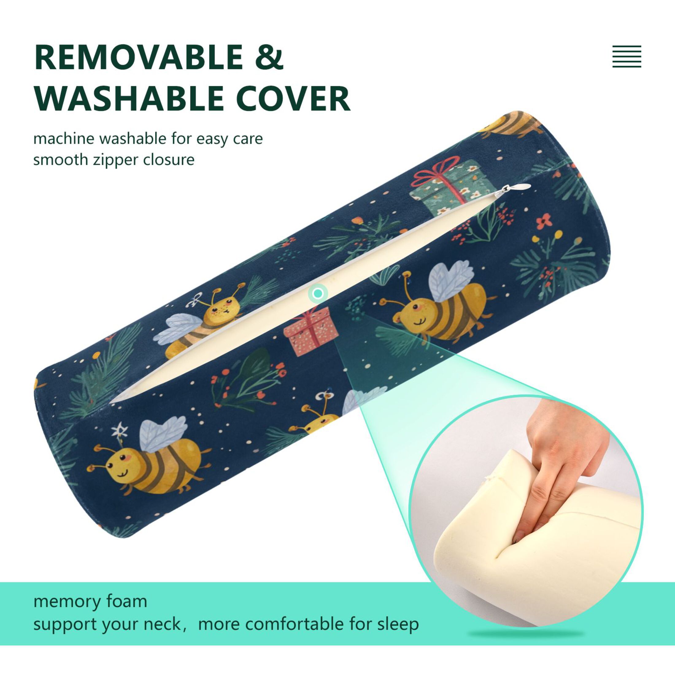 Neck pillow Round Cervical Pillow Cylindrical Pillow Lumbar Pillow Sofa Headrest Pillow Support For the Back, Neck and Head Warm Christmas Bees