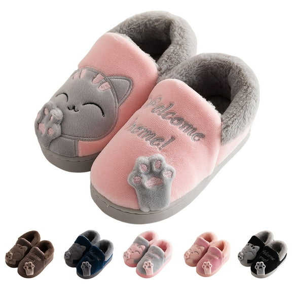 Dakaela Cute Animal House Slippers for Boys Girls Cat Warm Fuzzy House Shoes Closed Back Non Slip Bedroom Slide Shoes Black Size 7