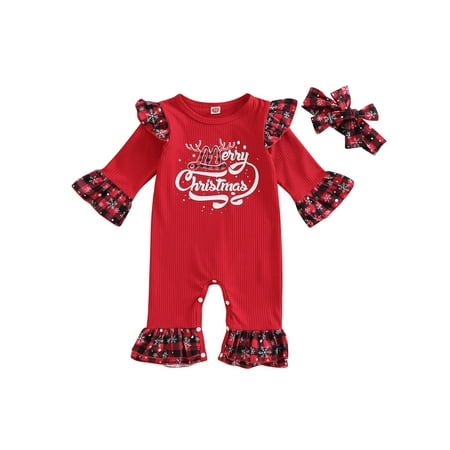 

wybzd Merry Christmas Baby Girl Long Sleeve Plaid Print Patchwork Romper with Bowknot Headband