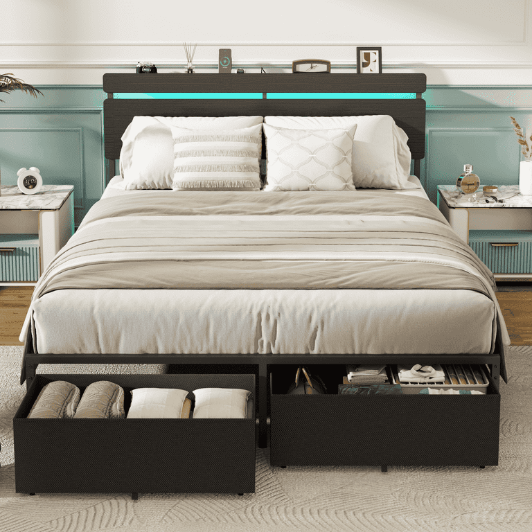 Satifur Queen Bed Frame with Storage Drawers and LED Lights photo 1