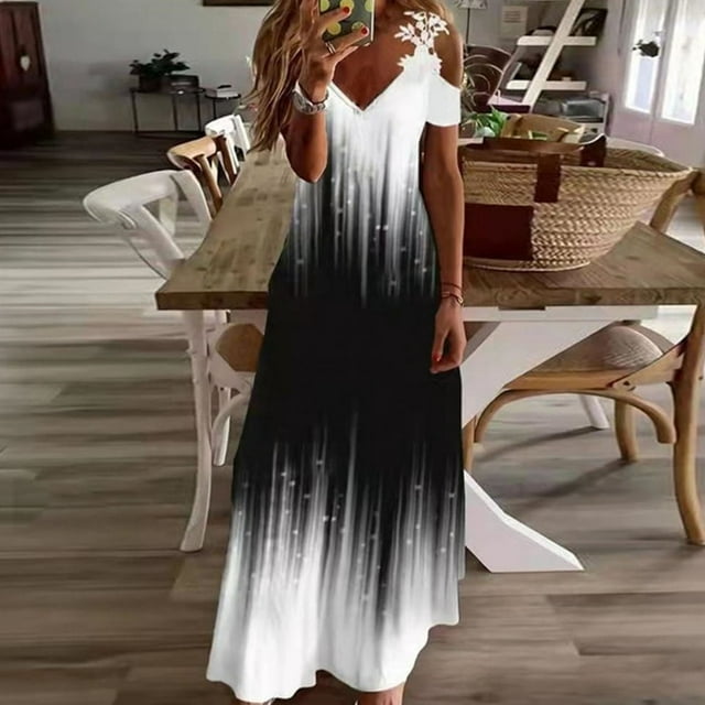 EGNMCR Robes de Fête pour Femmes Robe d'Été pour Femmes en Dentelle à Bretelles Col en V Mode à Imprimé Robe Ample Robe à Bretelles Col en V