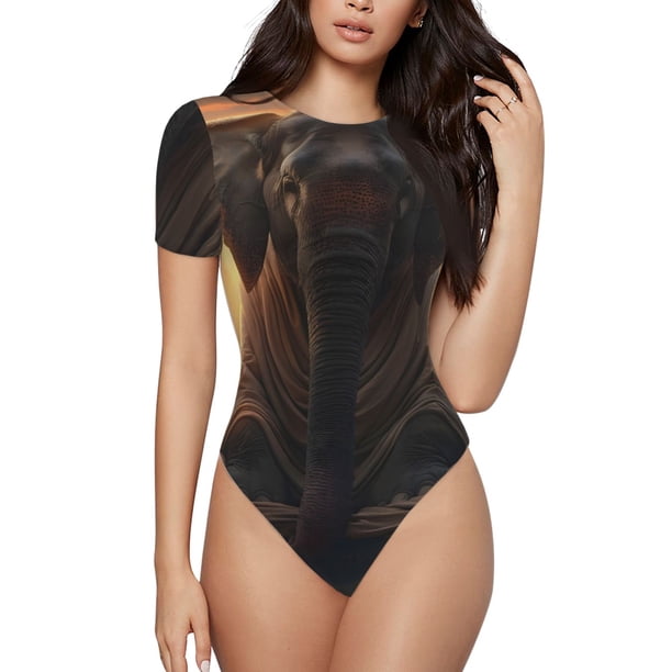 Balery Lake Meditating Elephant Body de cuello redondo de manga corta para mujer Tops de manga corta Tops básicos-X-Large