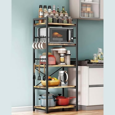Baker's Rack with 10 Hooks, BUG HULL Microwave Stand with Storage, Industrial 5-Tier Storage Shelf, Free Standing Wooden Shelf, Brown