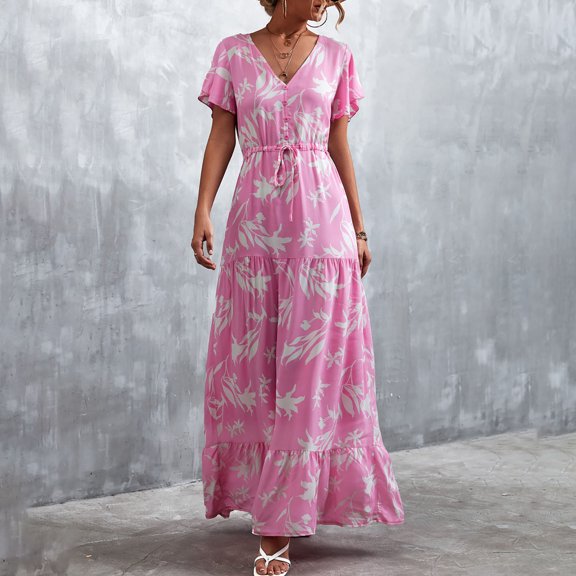 Lilgiuy Plus Size Skirt for Fashion Women Casual V-Neck Printed Elastic Short Sleeve Button Dress Dance Skirt