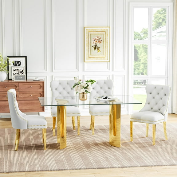 5-Piece Dining Table Set, 63" Rectangular Tempered Glass Table & 4 Button-Tufted Velvet Chairs with Stainless Steel Legs, Dining Set for Kitchen, Office