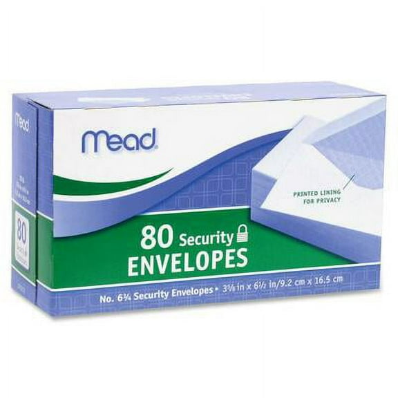 4PK Mead White Security Envelopes Security - #6 3/4 - 6 1/2" Width x 3 5/8" Length - 20 lb - Gummed - Wove - 80 / Box - White