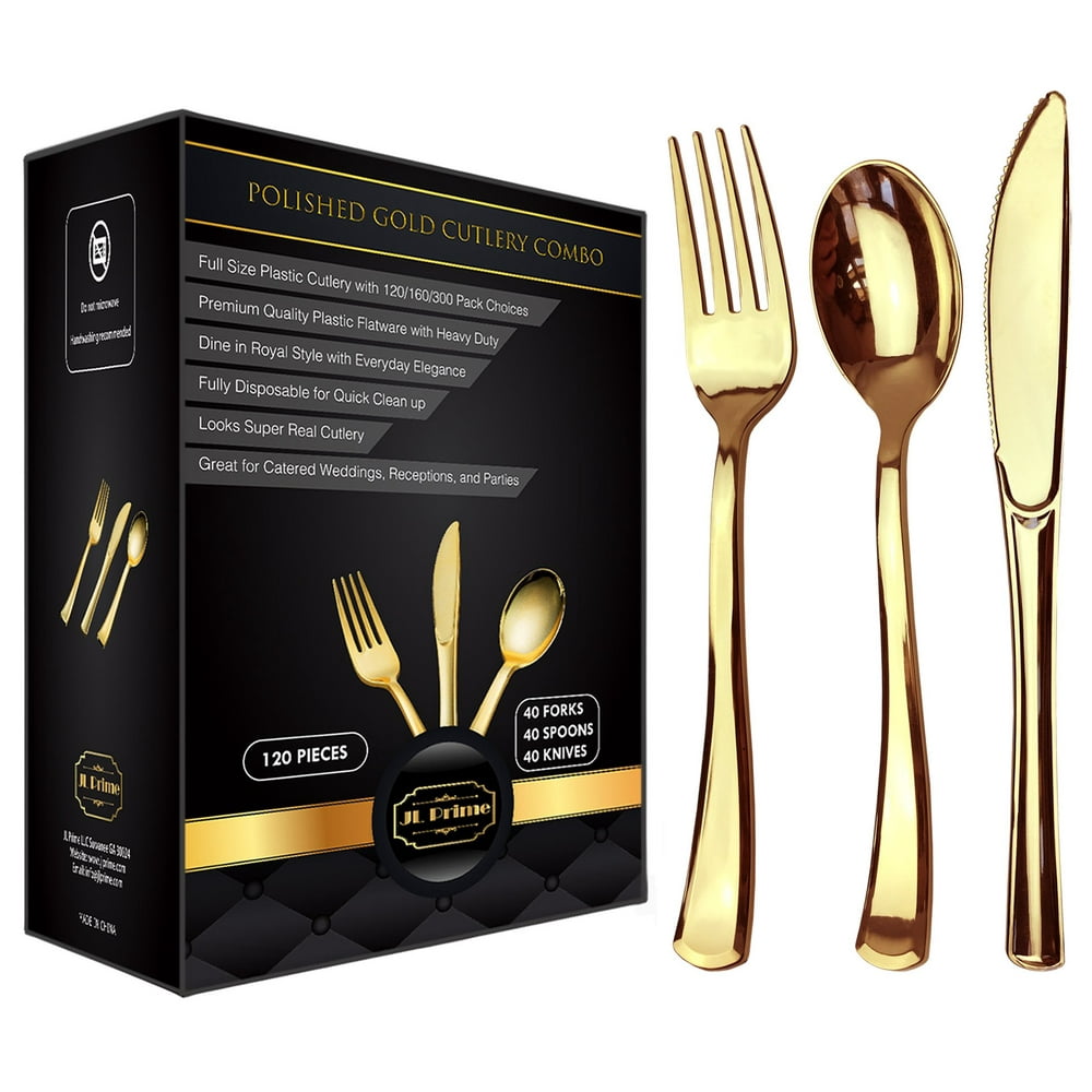 JL Prime 120 Gold Plastic Silverware Set, Gold Plastic Cutlery Set