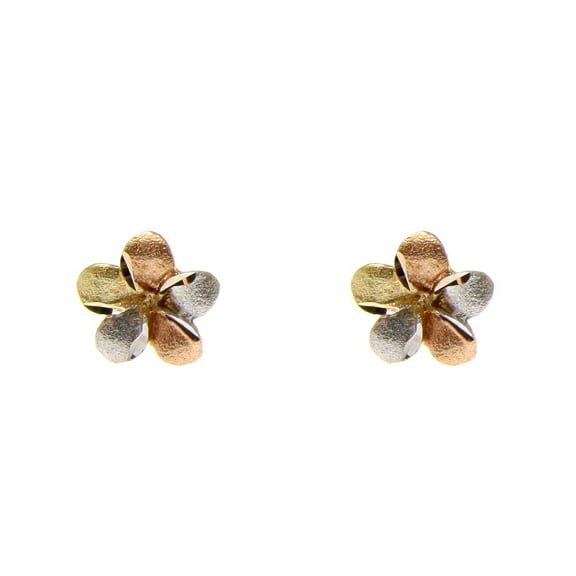 14K solid tricolor gold Hawaiian 7mm plumeria tropical flower stud post earrings