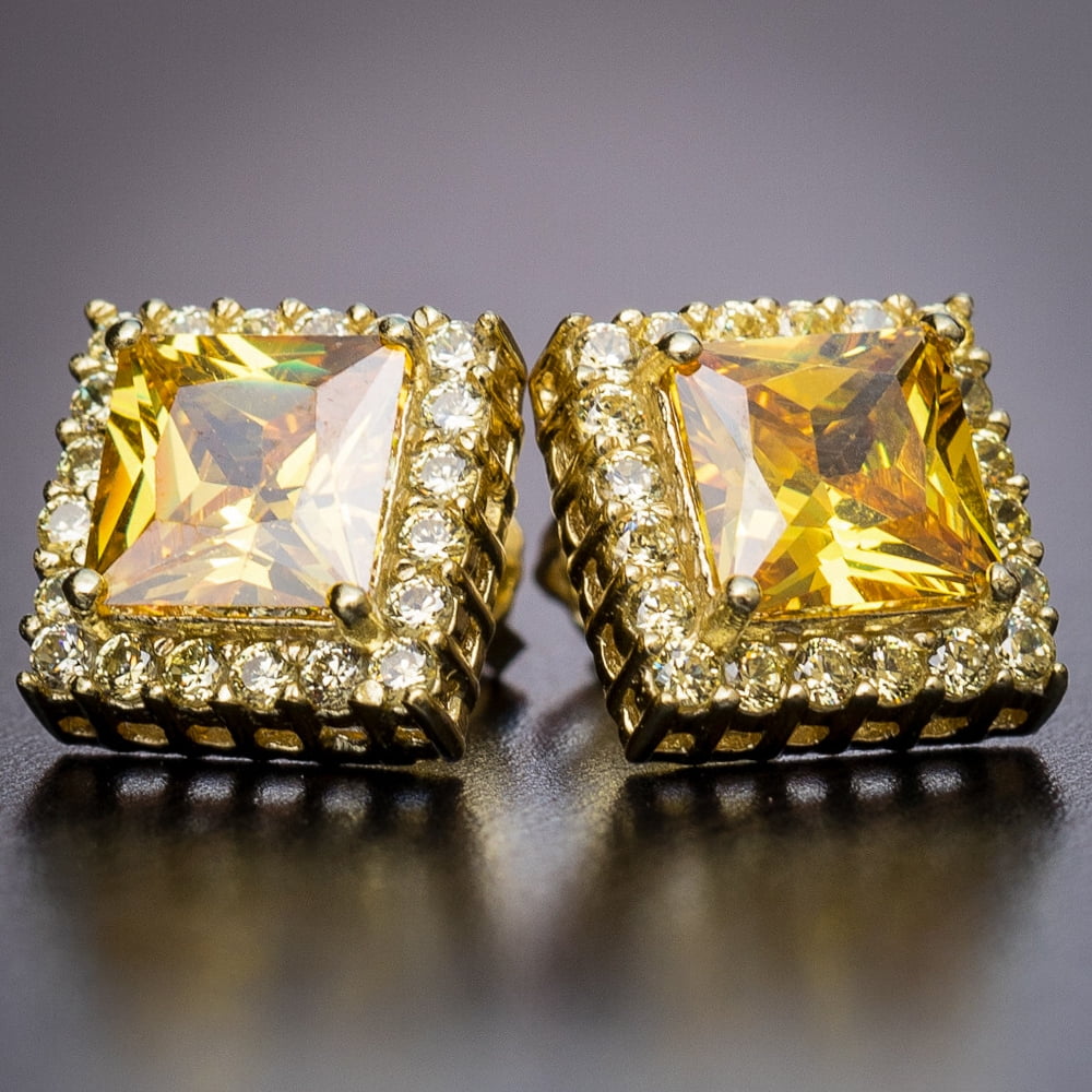 Yellow Gold 925 Sterling Silver Square Canary Yellow Cz Unisex Screw Back Earrings