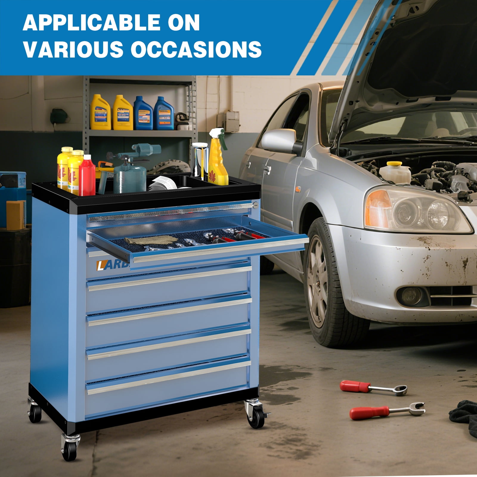 LARBANKE 7-Drawer Rolling Tool Chest with Lock, Connectable Tool Cabinet & Cart for Garage Workshop Storage