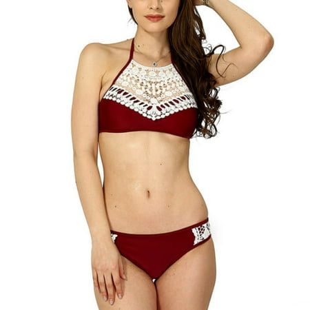 Womens Lace Crochet Halter Bikini Sets Boho Vintage Beach Splice Swimsuit Swimwear Bathing