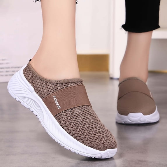 Orthopedic Mule Clogs for Women Stretch Knitted Platform Closed Round Toe Comfortable Breathable Air Cushion Walking Sliipers Open Back Wedge Heel Casual Mules Sneaker with Arch Support