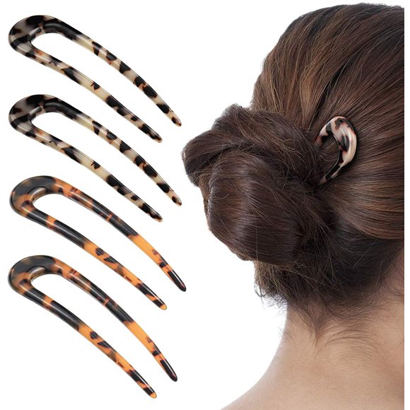 Paquete de 4 pinzas para el pelo de acetato de celulosa y acetato de tortuga en forma de U, 2 puntas Updo Chignon Pin para mujeres niñas accesorios de peinado (carey y carey d