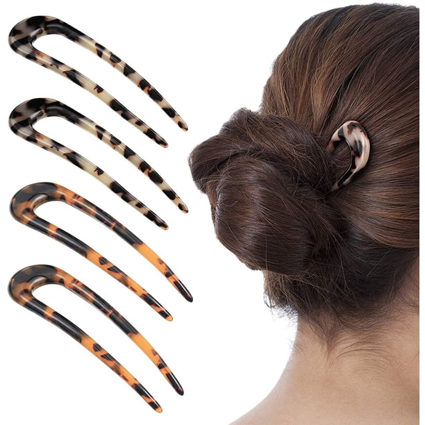 Paquete de 4 pinzas para el pelo de acetato de celulosa y acetato de tortuga en forma de U, 2 puntas Updo Chignon Pin para mujeres niñas accesorios de peinado (carey y carey d