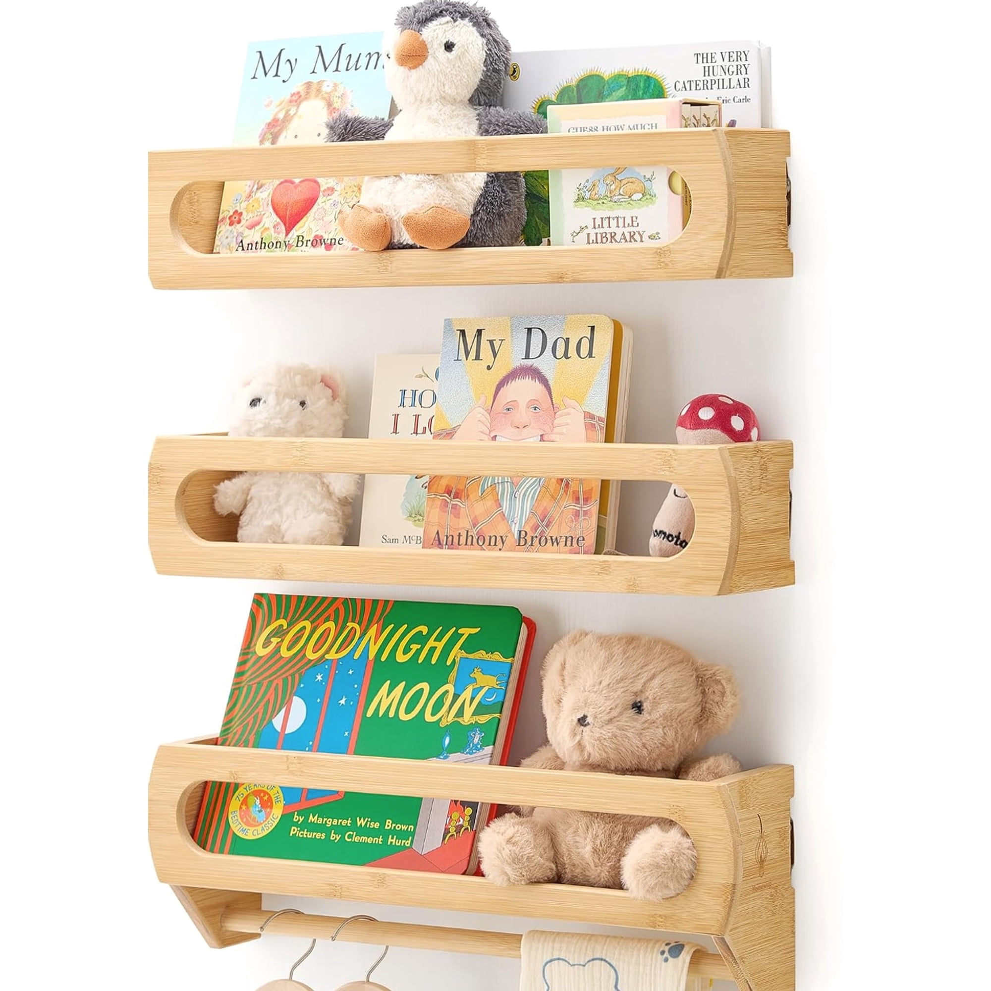 Nursery Shelves for Wall, Premium Bamboo Wood, Fully Assembled - Nursery Book Shelves, Book Shelf 20 Pounds, Natural Wood
