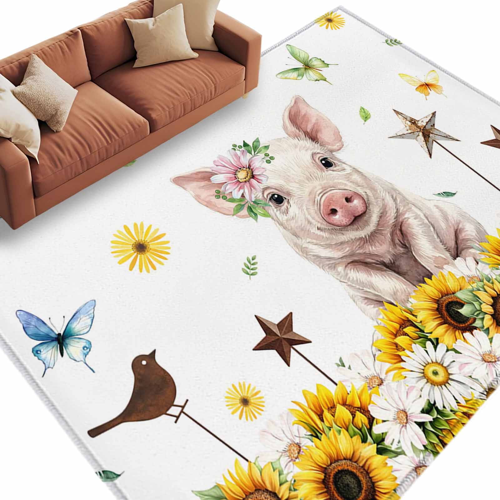 Rectangle Rug 5x8ft Area Rug Farm Pig Retro Western Star Area Rugs for Living Room Bedroom Summer Sunflower Daisy Floor Mat Non-Slip Non-Shedding Carpet Indoor Accent Rugs
