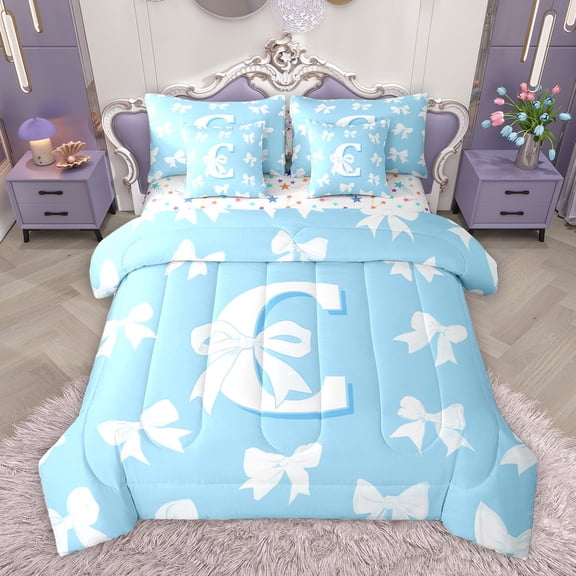 Homewish Kawaii Bow Letter C Twin Bedding Sets 7-Piece for Girl, Blue Cartoon Monogrammed Bedding Comforter Set, Cute Princess Bow-tie Reversible Sheet Sets, Microfiber Bedroom Decor