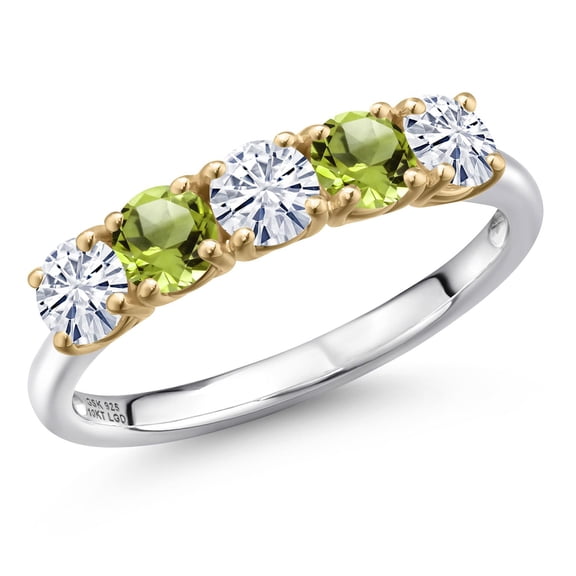 Gem Stone King 925 Silver and 10K Yellow Gold White Moissanite and Green Peridot Wedding-Bands Ring for Women | 1.29 Cttw | Round 4MM | Gemstone Birthstone | Size 9