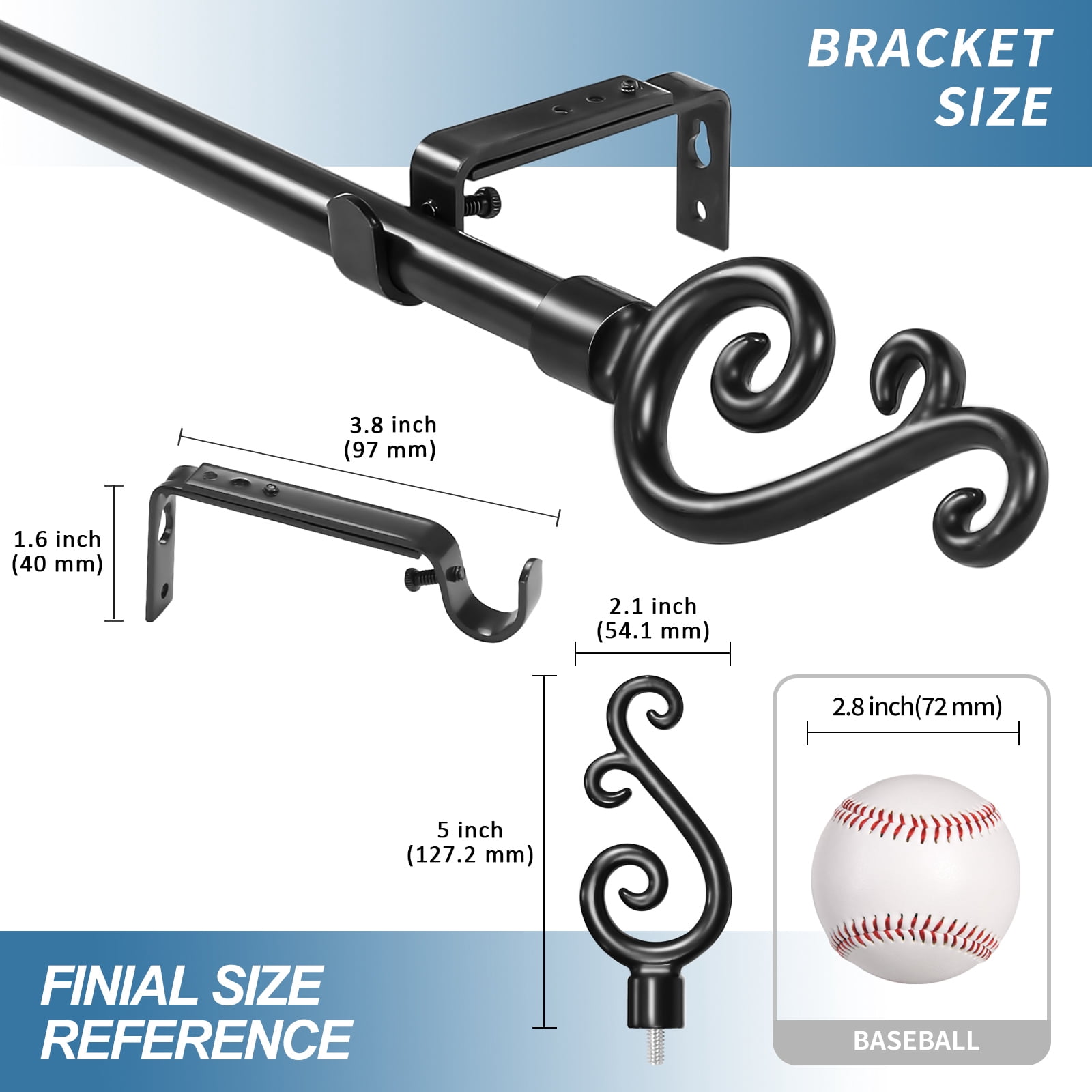 Urbanest Scroll Designer Single Curtain Rod – Decorative Metal Finials, 5/8" Diamter Drapery Hardware Set Window Treatments, 84" to 120", Matte Black