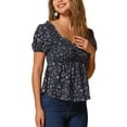 thumbnail image 4 of INSPIRE CHIC Women's Peplum Top Short Sleeves Sweetheart Neck Shirred Floral Blouse XS Dark Blue, 4 of 6