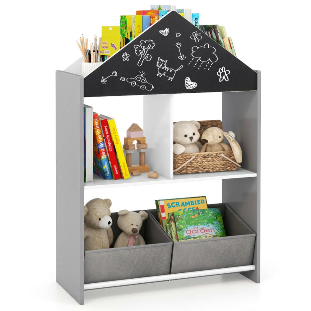Topcobe Playhouse Kids Bookshelf with Chalkboard and Whiteboard for 3-6 Years, Kids Furniture for Living Room Bedroom-Gray