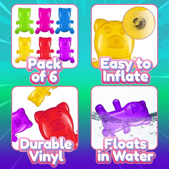 Rykon Inflatable Gummy Bears, Pack of 6, 24-Inch Big Blow Up Pool Toys, Candy Land Theme Decorations, Birthday Party Supplies & Photo Booth Props