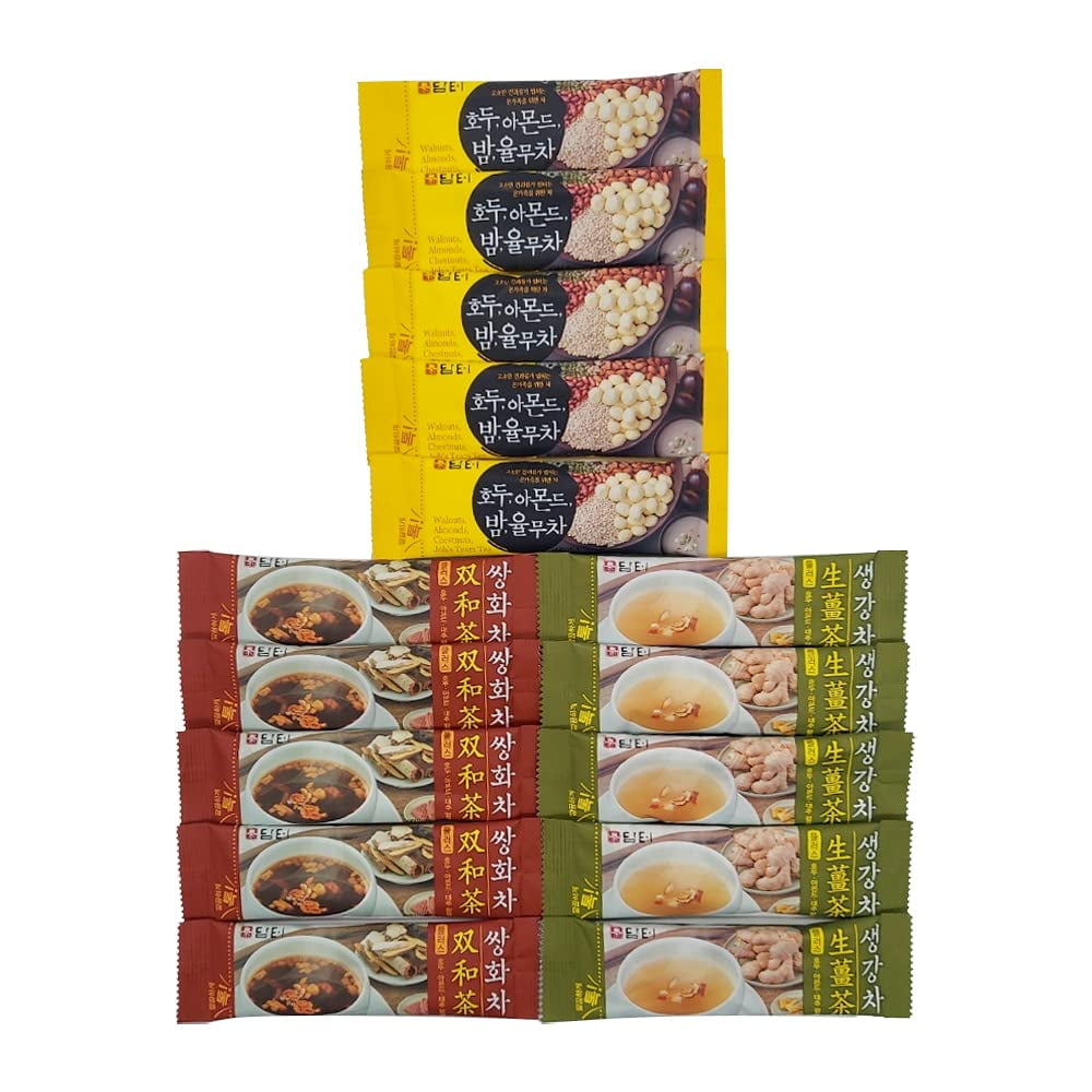 OHMARKET Damtuh Korean Traditional Tea Assortment Package (Walnuts, Almonds, Chestnuts, Job's Tears Tea x 5 / Ginger Tea Powder x 5 / Ssanghwa Tea x 5), 15 Sticks