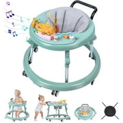 Baby Walker, Foldable 9-Gear Height Adjustable Baby Walker with Wheels, Infant Toddler Walker with Music Disk, Anti-Fall Baby Walkers and Activity Center with Foot Pads for Boys and Girls 6-24 Months