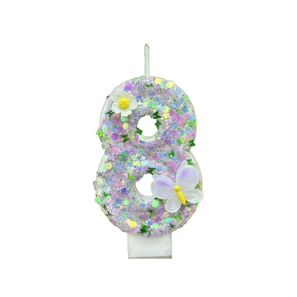 Vela de cumpleaños número 0 de 2,7 pulgadas con lentejuelas de mariposa moradas, decoración para tarta de cumpleaños, decoración para boda, fiesta de cumpleaños
