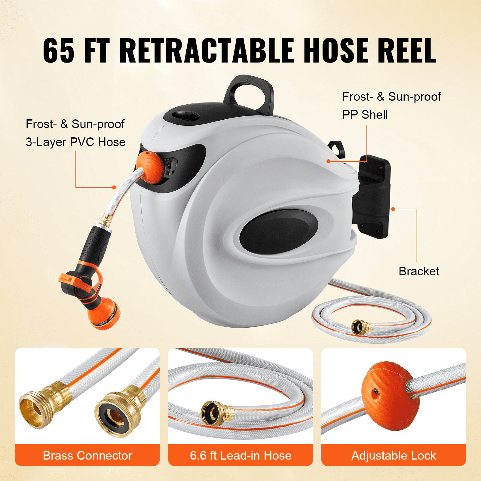 Wall-Mounted Retractable Hose Reel with 9-Pattern Nozzle - Heavy-Duty 65ft 5/8" Hose, Auto Rewind, for Car Washing, Garden Watering & Pet Cleaning