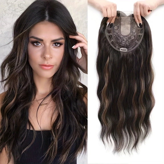 suxuMhao Wig, Black & Dark Brown Highlighted Hair Replacement Piece, 22 IN Straight Synthetic Wig, Natural Looking Headband Wig with Secure Clip-In, 1 Piece Top Wigs for Hair Volumizing