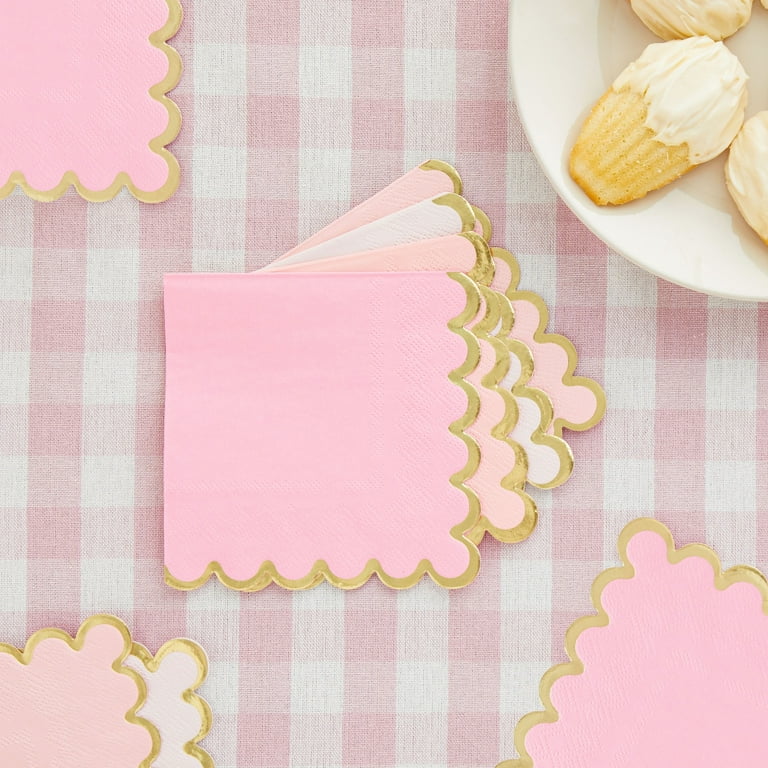 White Linen Cloth Napkins Scalloped Edges in Light Pink Set of 6 