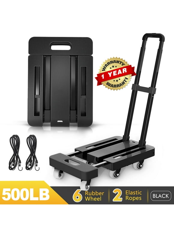 M BUDER Folding Hand Truck, 500 LBS Heavy Duty Luggage Cart, Utility Platform Cart with 6 Wheels for Luggage, Travel, House, Office, Shopping, Moving Use - Black Folded Size is 11.8 x 17.7