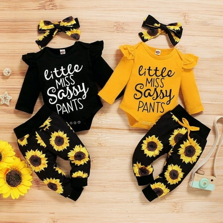 

Infant Baby Girl Sunflower Little Miss Sassy Pant Outfits Short Sleeve Romper Headband Yellow 3-6 Months