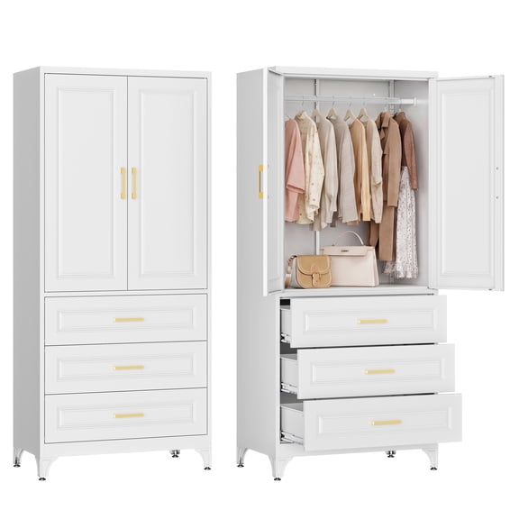 Polup 71“ Tall Metal Sturdy Armoire Wardrobe Closet with Three Drawers, White Wardrobes with Doors and Shelves