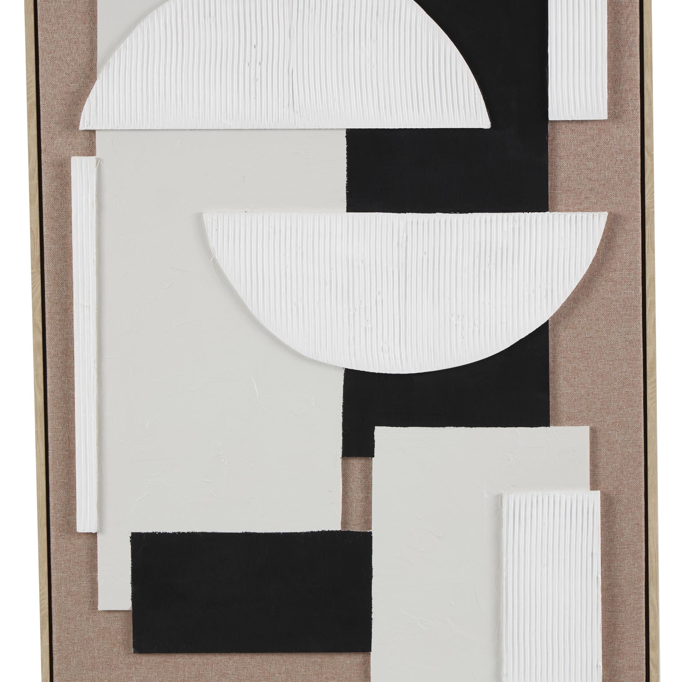 25" x 37" Textured Geometric Framed Wall Art with Abstract Black and White Shapes and Fabric Backing, by DecMode