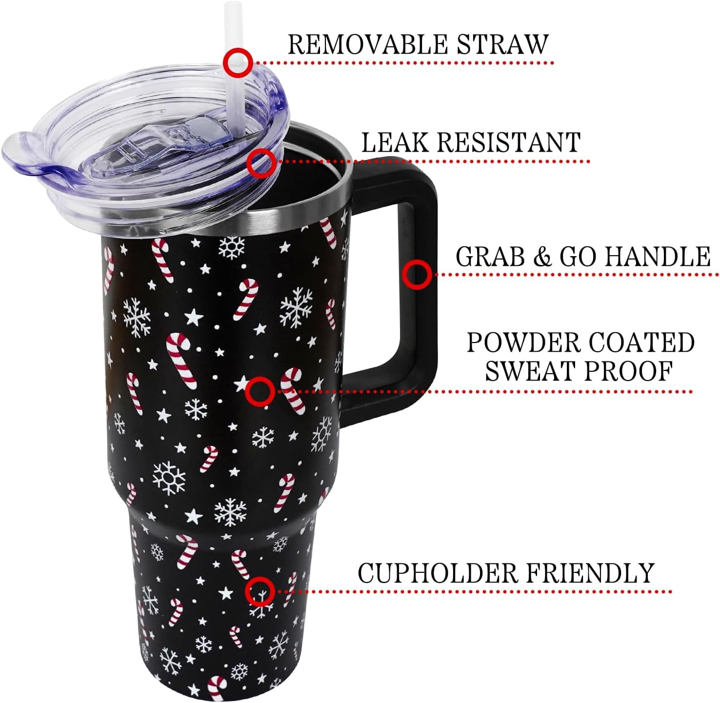 Christmas Tumbler with Handle and Straw Lid 40 oz,Cute Christmas Gifts for Women Candy Cane Snowflakes Vacuum Insulated Leak Proof Tumbler,Winter Holiday Accessories Stainless Steel Coffee Cup Mug