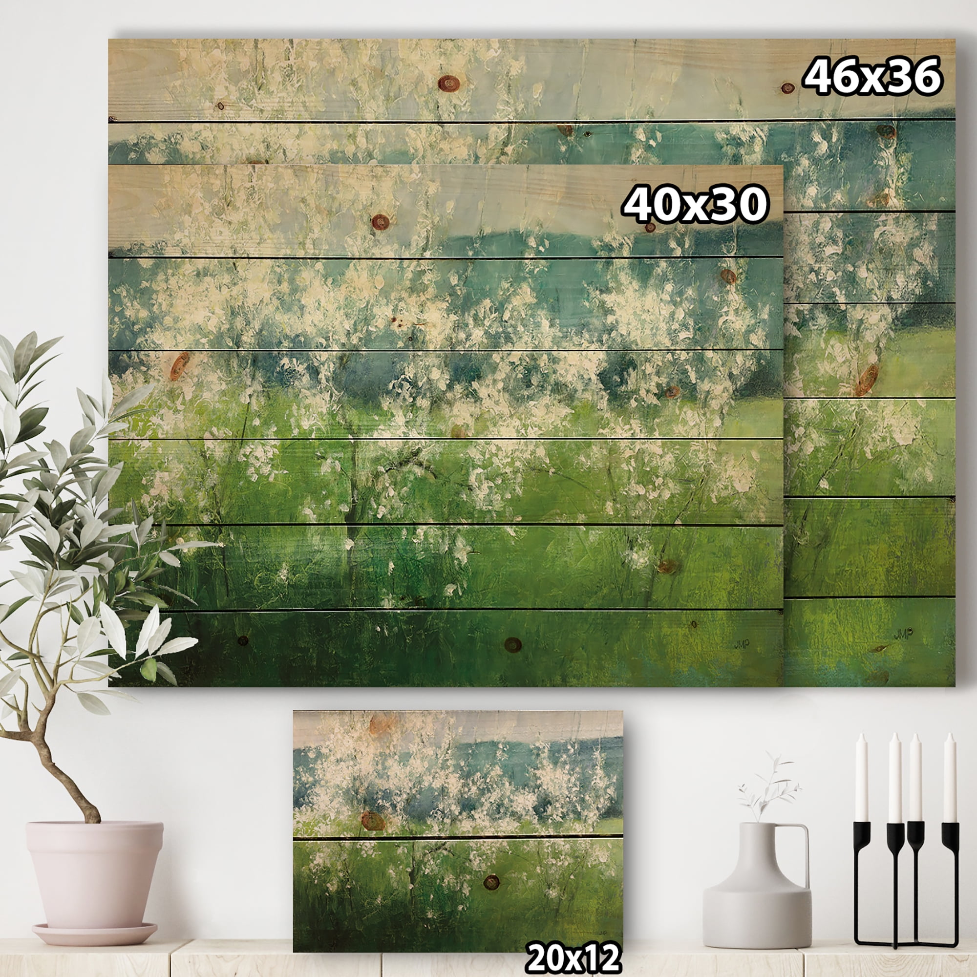 Designart 'Green Mountain Floral Spring' Cottage Print on Natural Pine Wood