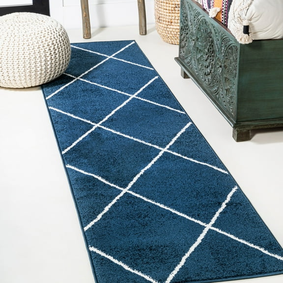 JONATHAN Y SUPERSOFT 2 x 10 Runner Rug, Cole Minimalist Diamond Trellis - Navy/White, SEU102H-210