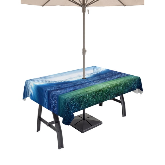 Outdoor Tablecloth with Umbrella Hole for Patio/Picnic/Party/Camping, Football Stadium Waterproof Table Cloth Rectangle Table Cover Washable, Blue Green Sport Modern Art (54"x 80")