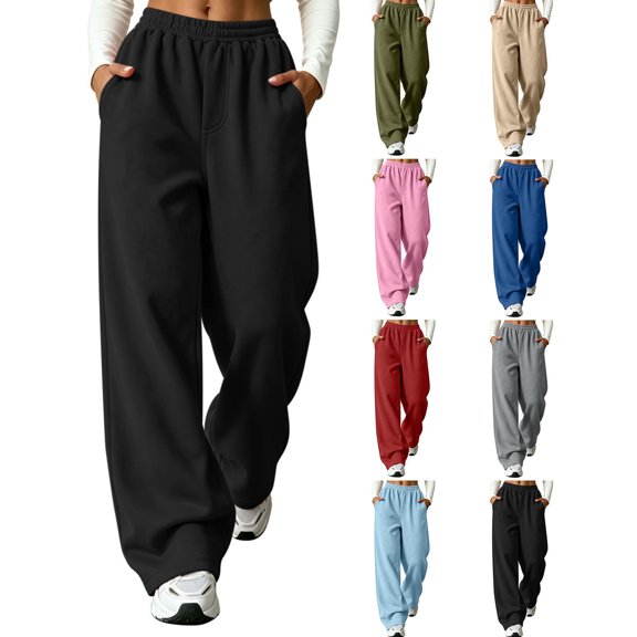 XRoczxe Women Elastic Drawstring Wide Leg Sweatpants Draped Wrinkle Resistant Soft Loose Casual Street Trousers Deep Side Pockets Multi Solid Fresh Colors